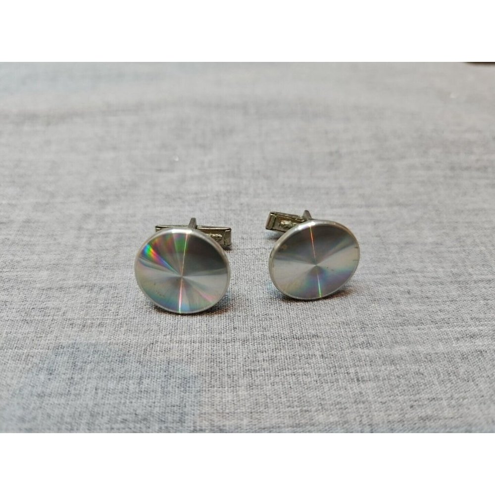 Vintage Circular Style Silver Tone Mens Cufflinks, 0.75'' Inch Diameter